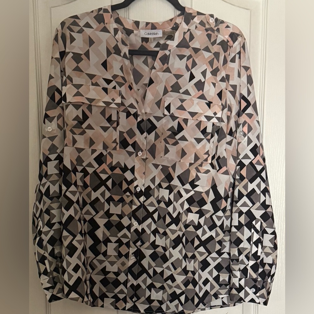Calvin Klein Geometric Blouse in Black, Gray, and Cream